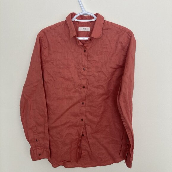 Uniqlo Women’s Linen Shirt Button Up Salmon Dark Pink Red Size L - Picture 1 of 5